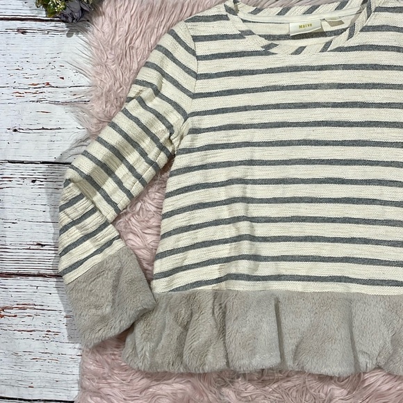 NWT Anthropologie Maeve Astor Fur Trimmed Gray-Cream Striped Pullover Sweater - Picture 5 of 10